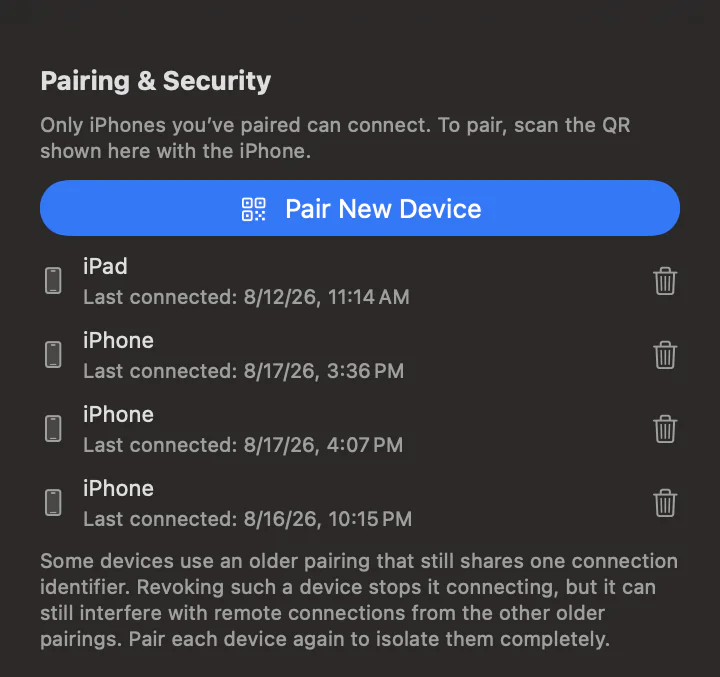 The Pairing & Security panel in TouchNow Host: a blue Pair New Device button, below it a paired iPad and three iPhones each showing when they last connected, with a trash icon on the right to revoke.