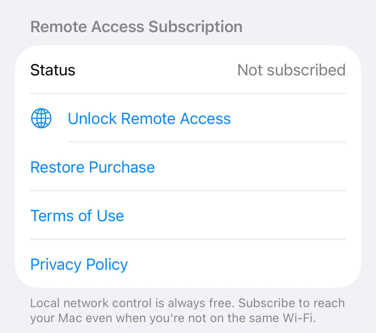 The Remote Access Subscription section in TouchNow’s Settings on iPhone: status reads Not subscribed, with an Unlock Remote Access row below it.