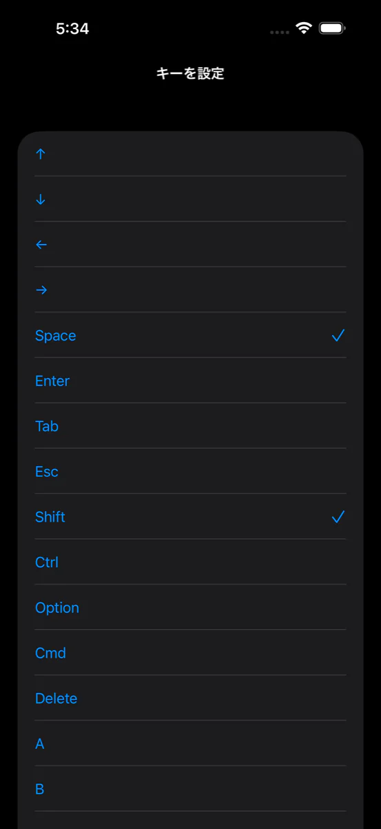 iPhone の「キーを設定」画面。キーの一覧で Space と Shift の両方にチェックが入っている。